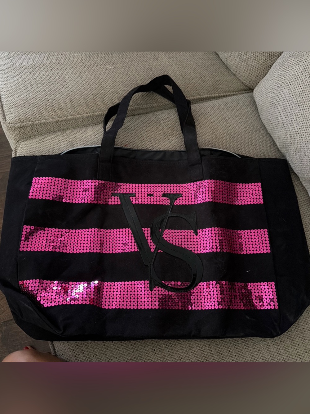 Victoria's Secret Black Tote with Hot Pink Sequin Stripes